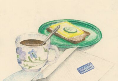 Ilustración de Sanna Pelliccioni de una taza, un pan y una carta